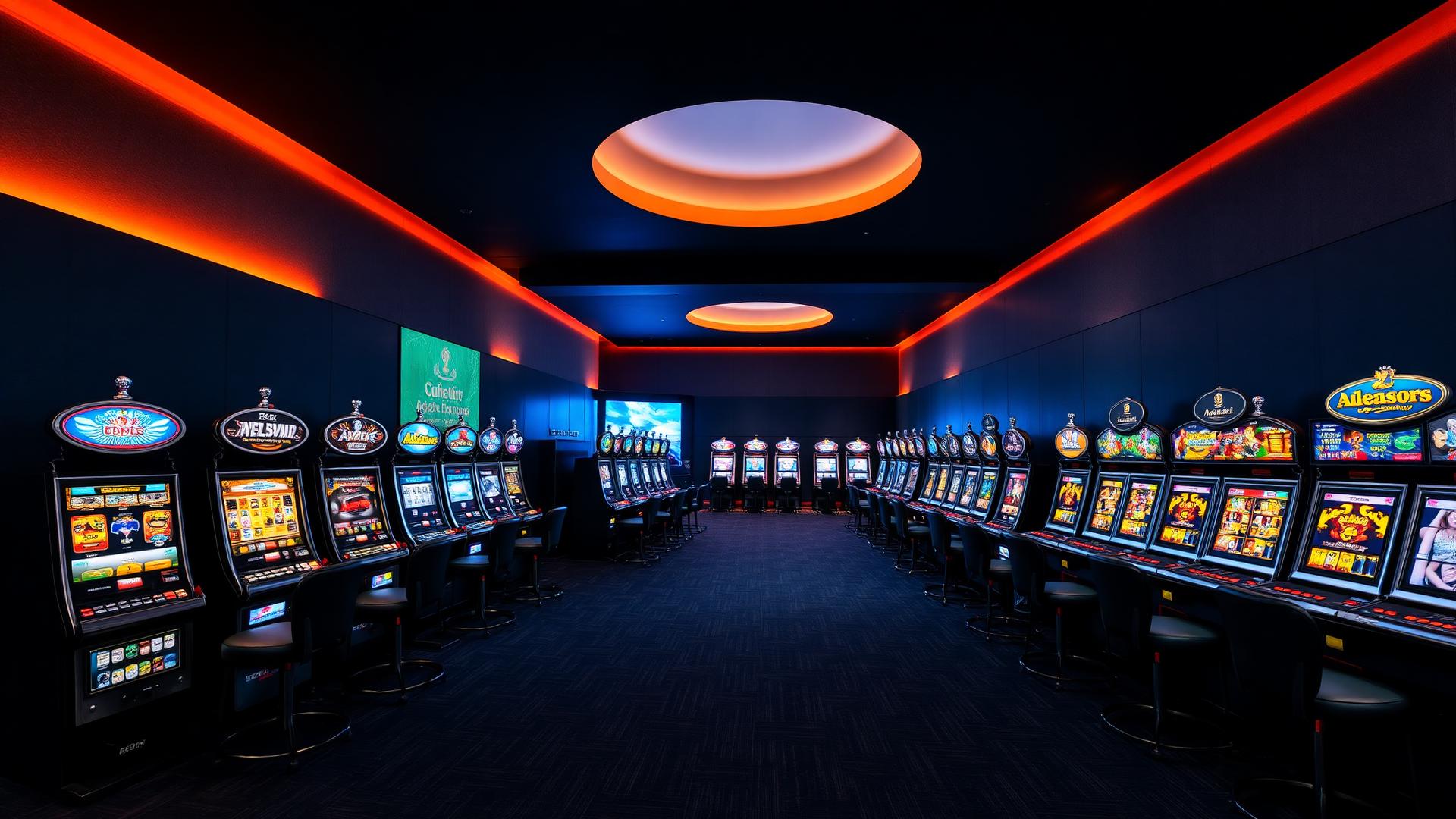 Inside a Webbers gaming arcade — low lighting, premium cabinets, a calm atmosphere.