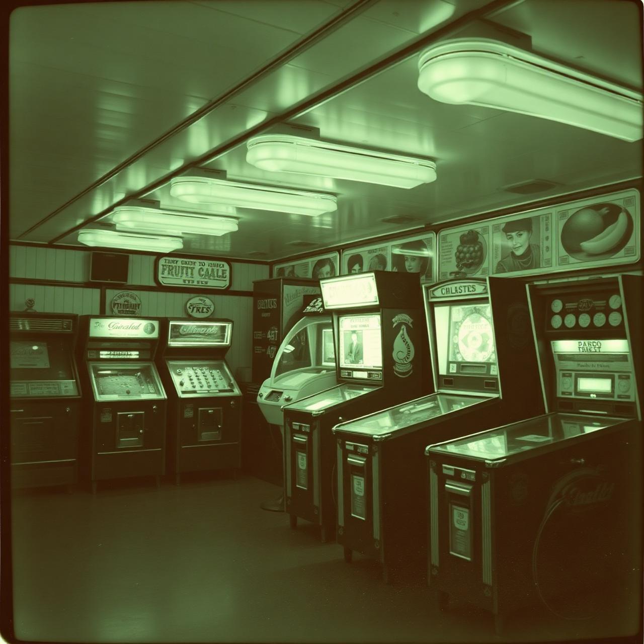 A heritage seaside arcade interior — penny falls and classic cabinets.